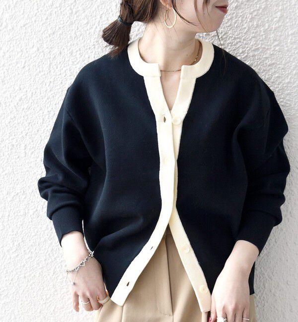SHIPS any「《追加予約》SHIPS any:〈手洗い可能〉バイカラー スキッパー ニット カーディガン」|カーディガン|ネイビー