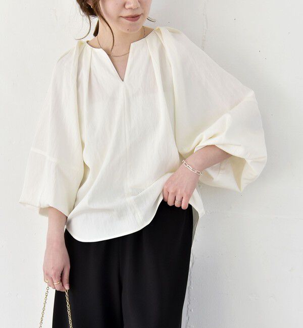 quaranciel「quaranciel:〈洗濯機可能〉ツイル スキッパー ボリューム ブラウス」|シャツ・ブラウス|ホワイト
