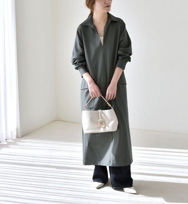 quaranciel「quaranciel:〈洗濯機可能〉Vネック スキッパー ロング シャツ ワンピース」|ワンピース|オリーブ