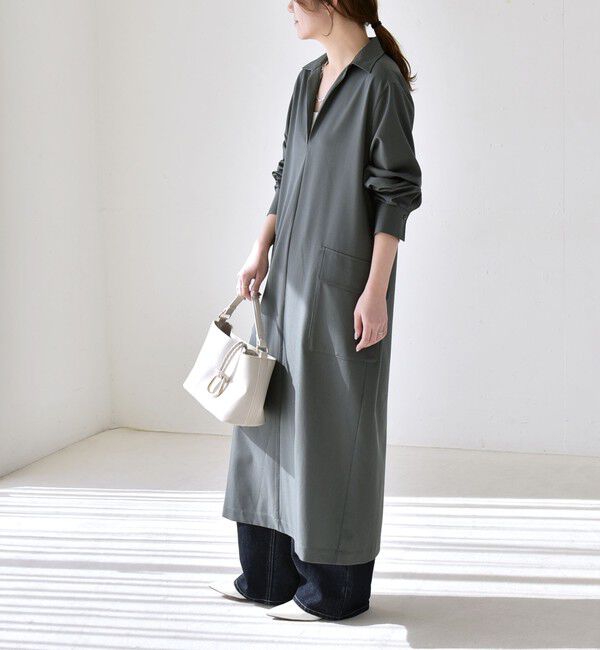 quaranciel「quaranciel:〈洗濯機可能〉Vネック スキッパー ロング シャツ ワンピース」|ワンピース|