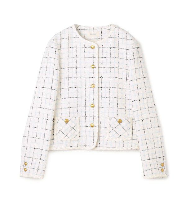 DES PRES「ループチェック クルーネックジャケット」|ノーカラージャケット|12 ホワイト系