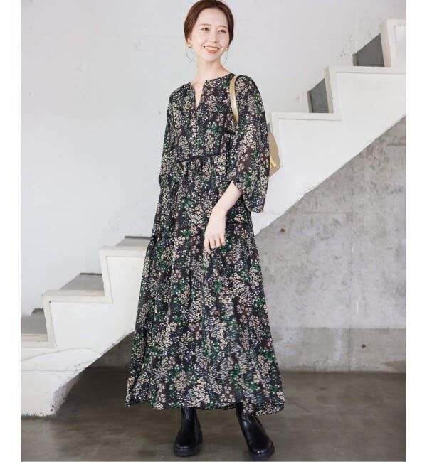 SLOBE IENA「《WEB限定/追加2》FLOWER PRINT ワンピース」|ワンピース|ブラック