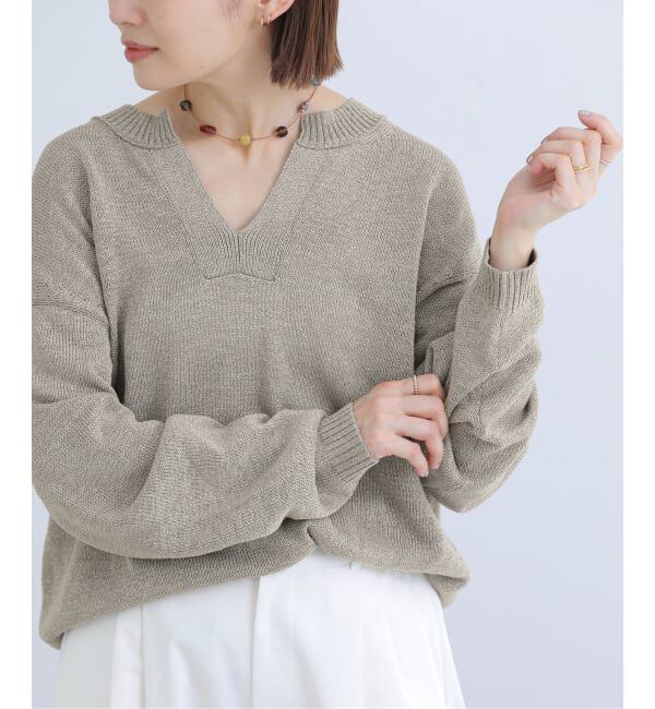 IENA「コットンwashiニットプルオーバー」|ニット・セーター|カーキ