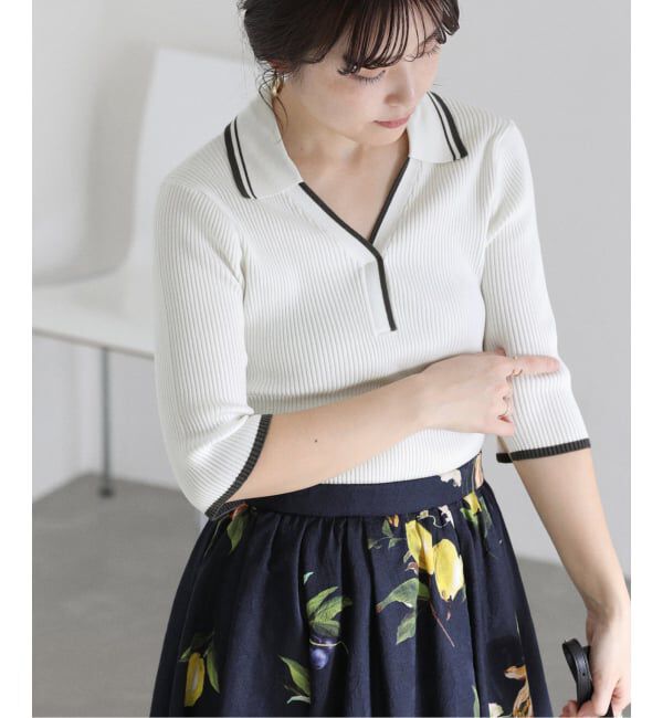  「【洗える】バイカラーポロ襟ニット」|ニット・セーター|ホワイト