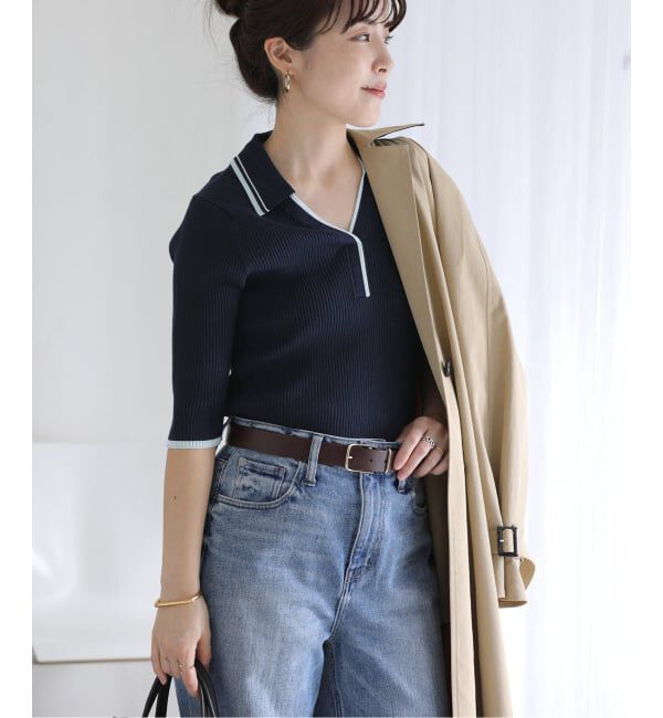  「【洗える】バイカラーポロ襟ニット」|ニット・セーター|