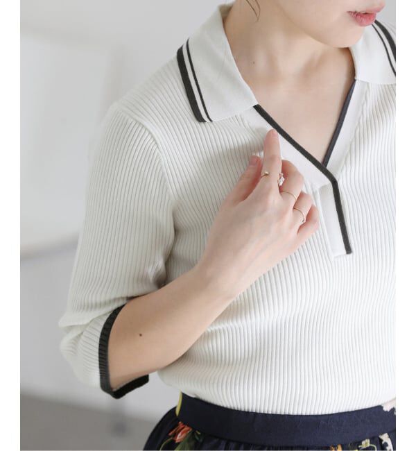  「【洗える】バイカラーポロ襟ニット」|ニット・セーター|