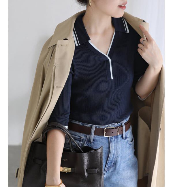  「【洗える】バイカラーポロ襟ニット」|ニット・セーター|ネイビー