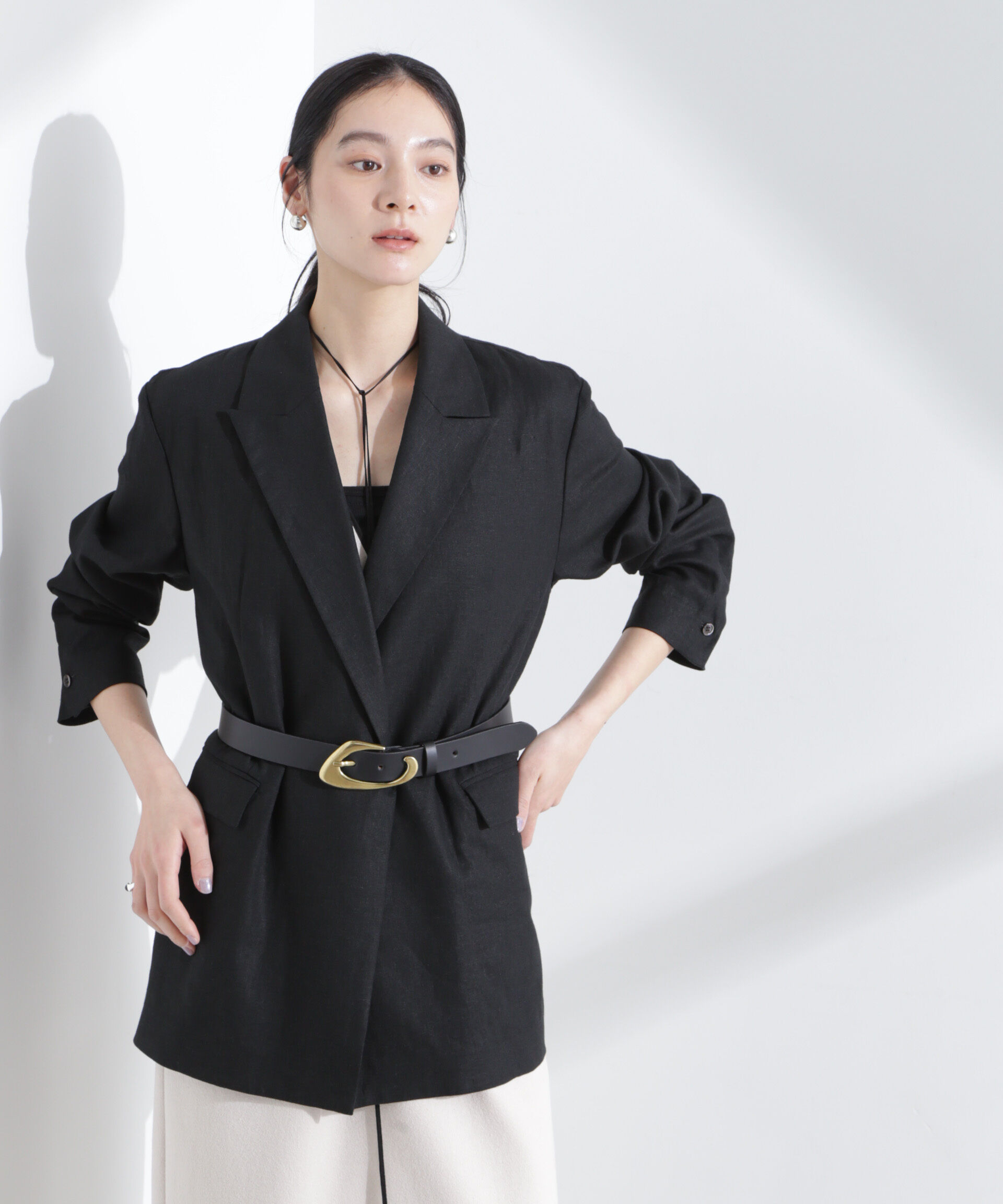 nano･universe「リネン混ボタンレスジャケット(セットアップ可)」|テーラードジャケット|ブラック