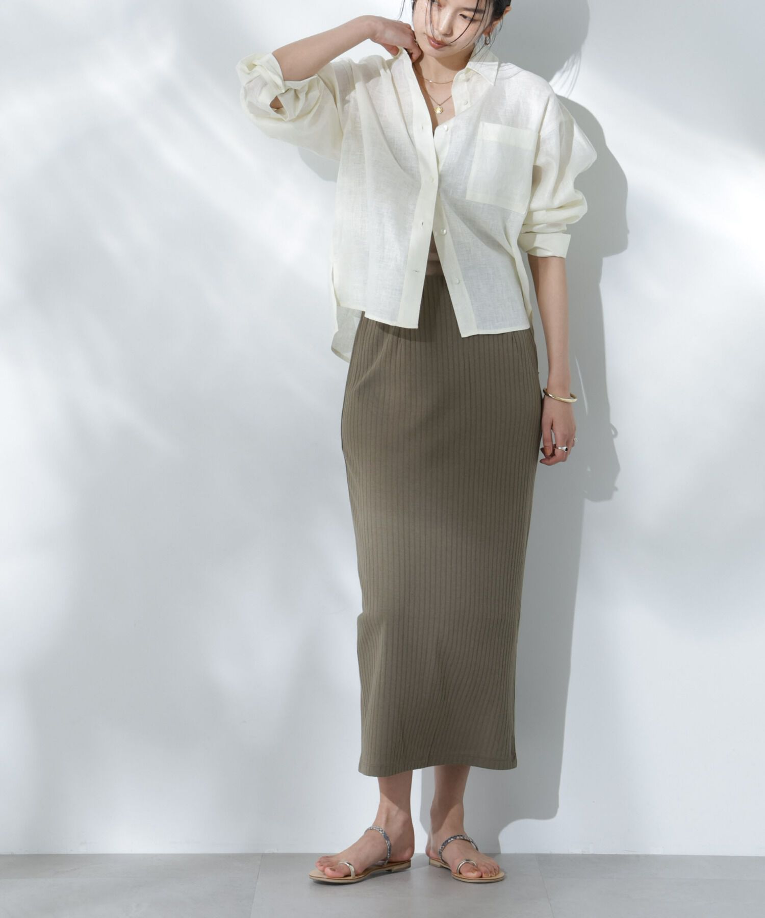 nano･universe「Anti Soaked(R) 汗染み防止リブタイトスカート（セットアップ可）」|スカート|カーキ