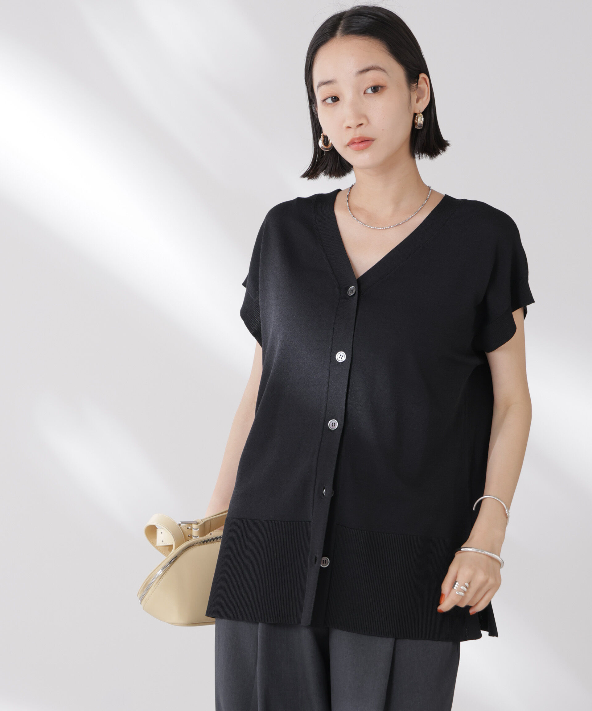 nano･universe「多機能強撚前後2wayフレンチスリーブニット」|ニット・セーター|ブラック