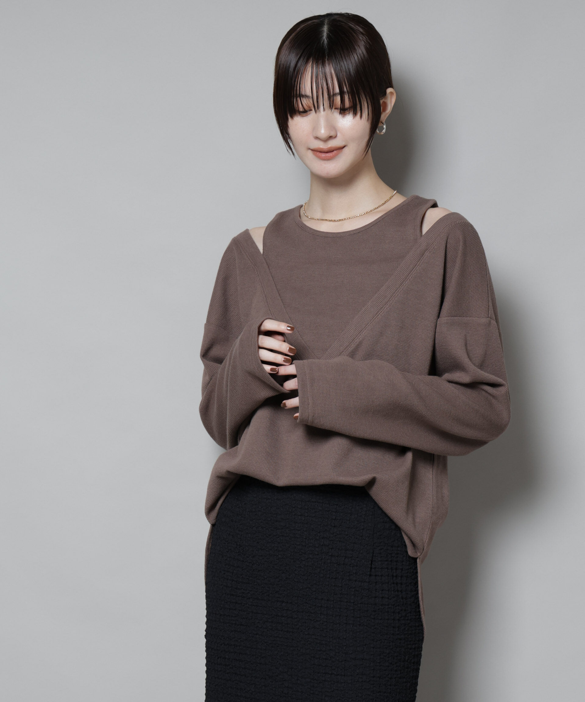 nano･universe「フェイクレイヤードワッフルカットトップス」|Tシャツ・カットソー|モカ3