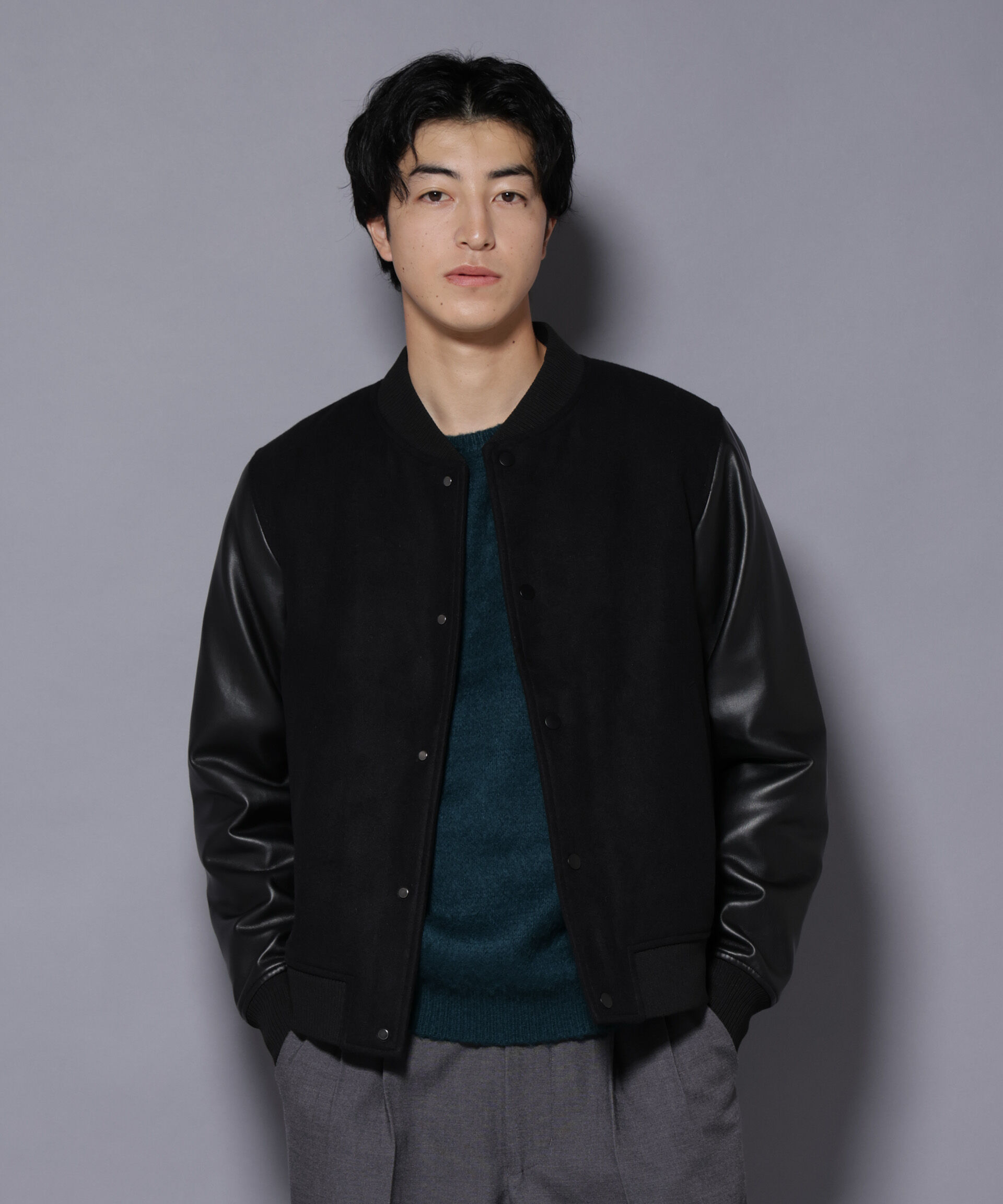 nano･universe「フェイクレザースタジャン」|ブルゾン・スタジャン|ブラック