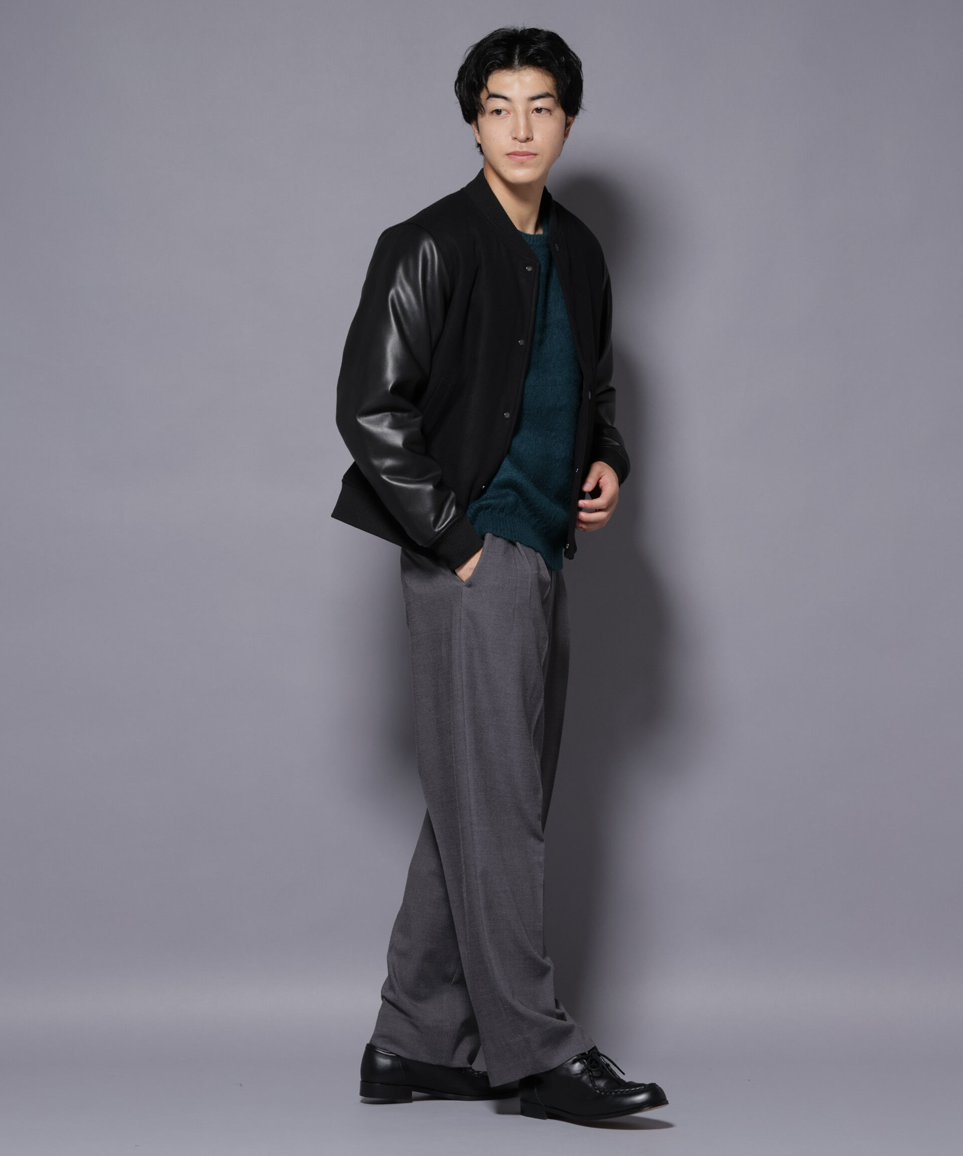 nano･universe「フェイクレザースタジャン」|ブルゾン・スタジャン|