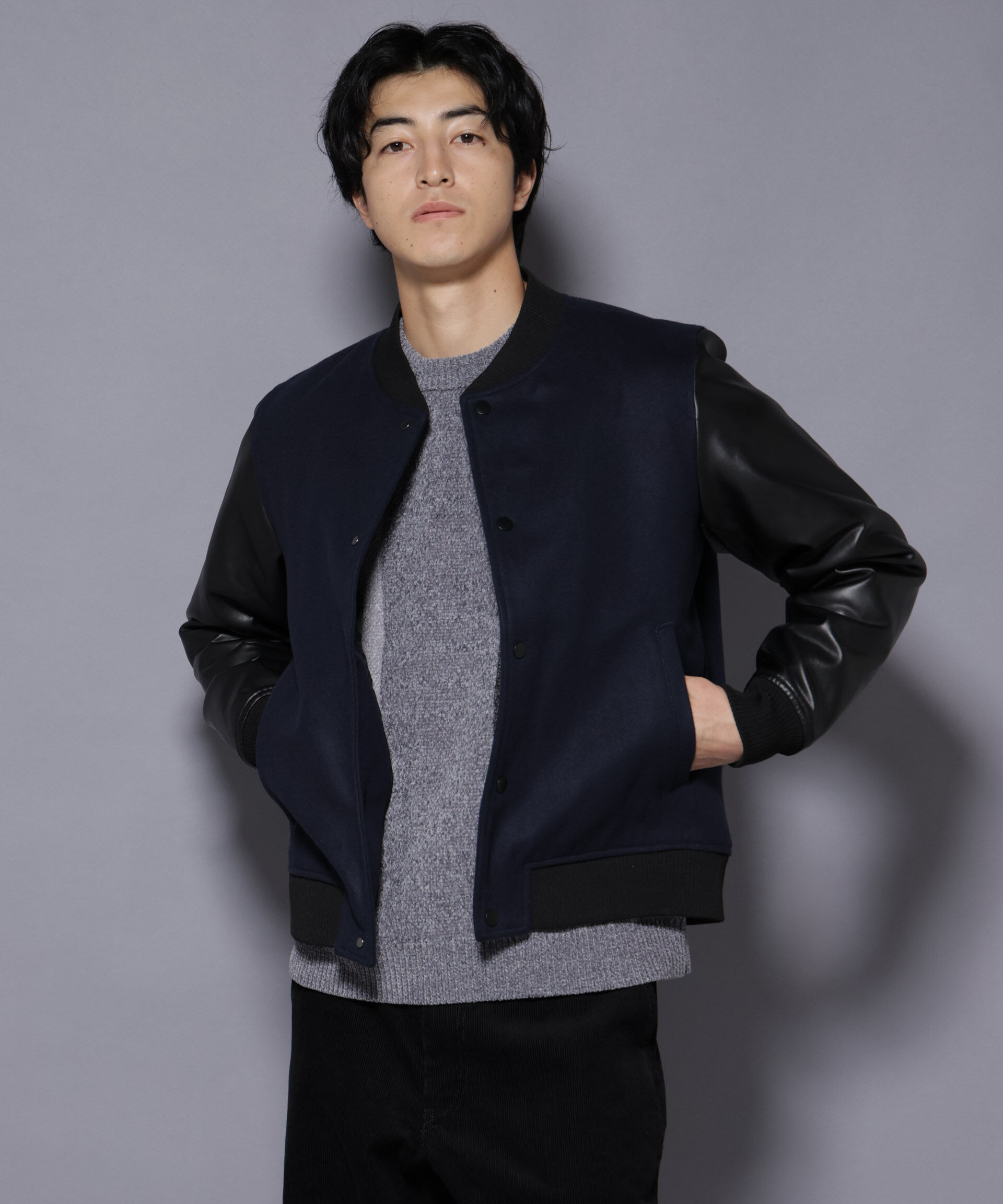 nano･universe「フェイクレザースタジャン」|ブルゾン・スタジャン|ネイビー