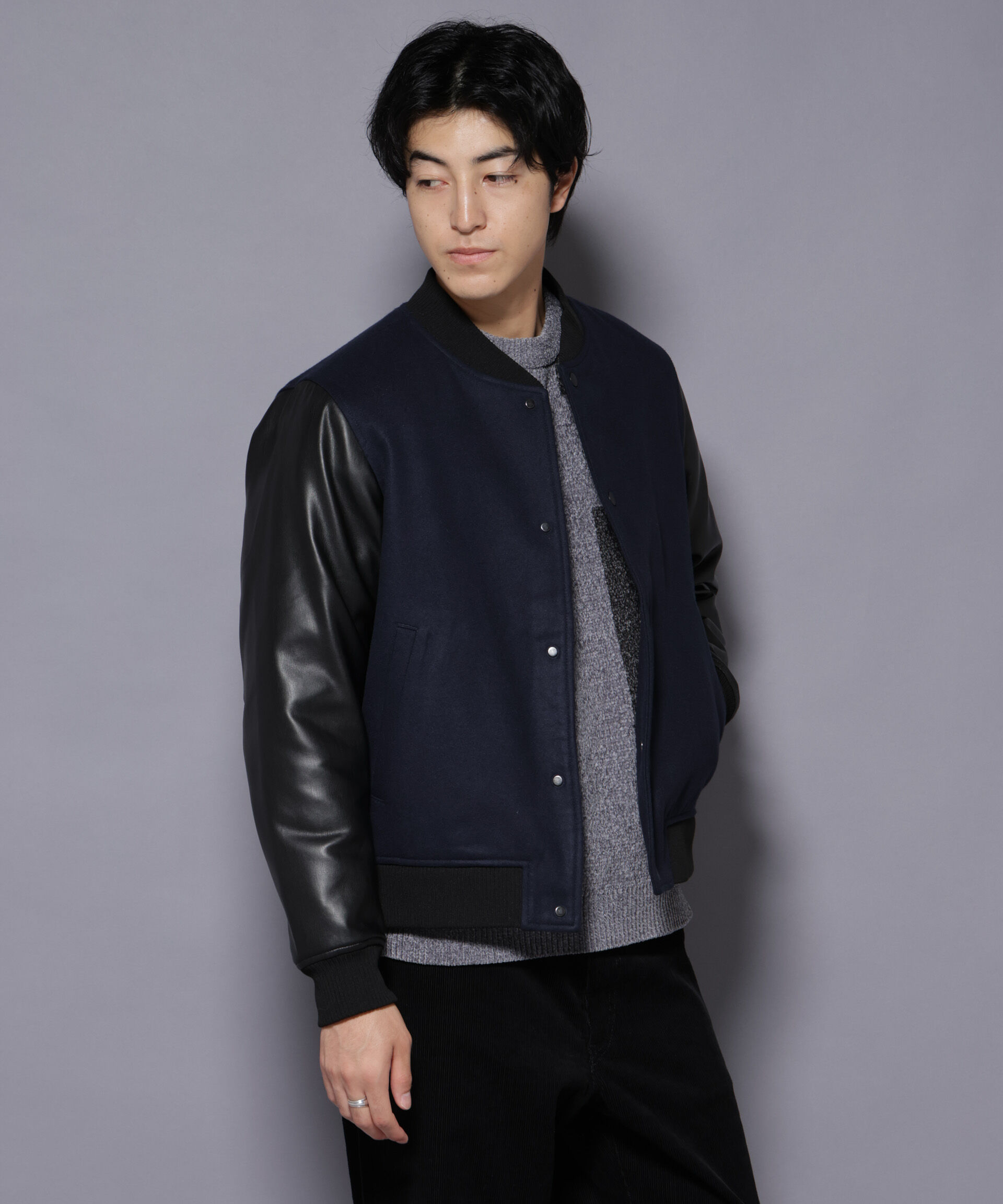 nano･universe「フェイクレザースタジャン」|ブルゾン・スタジャン|