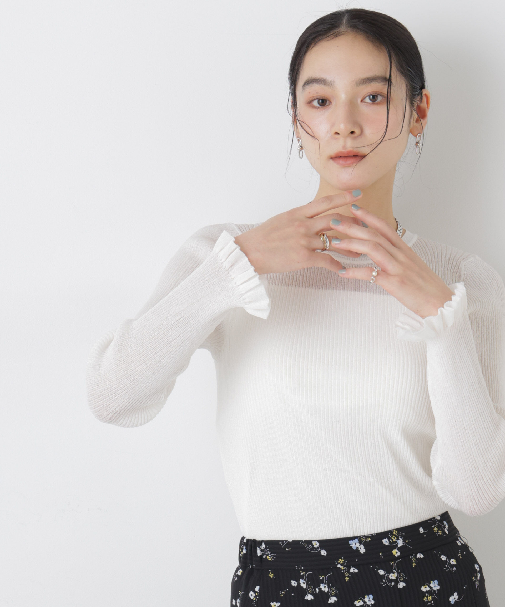 nano･universe「シアーリブフリルカフニット」|ニット・セーター|ホワイト
