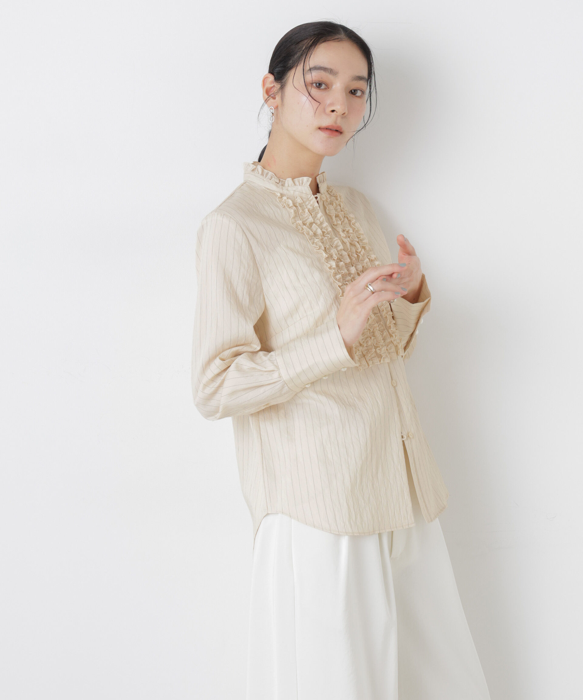 nano･universe「ストライプフリルブラウス」|シャツ・ブラウス|