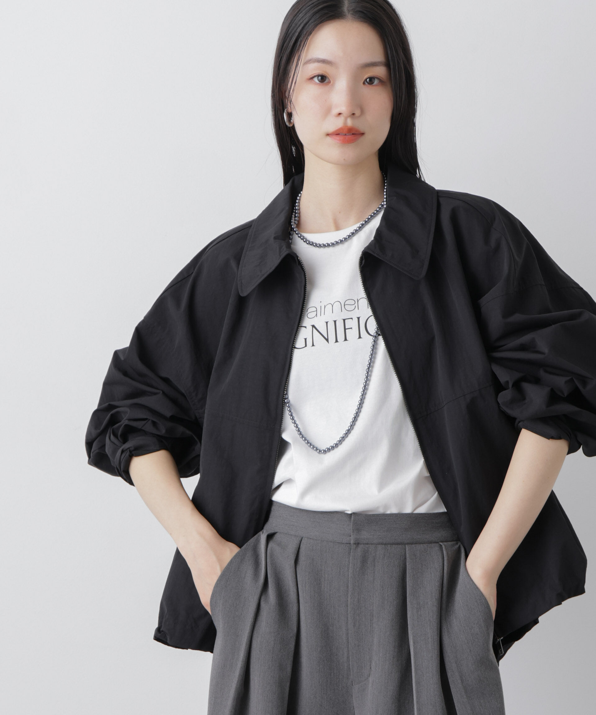 nano･universe「撥水＆花粉ガード コクーンシルエットジップブルゾン」|ブルゾン・スタジャン|