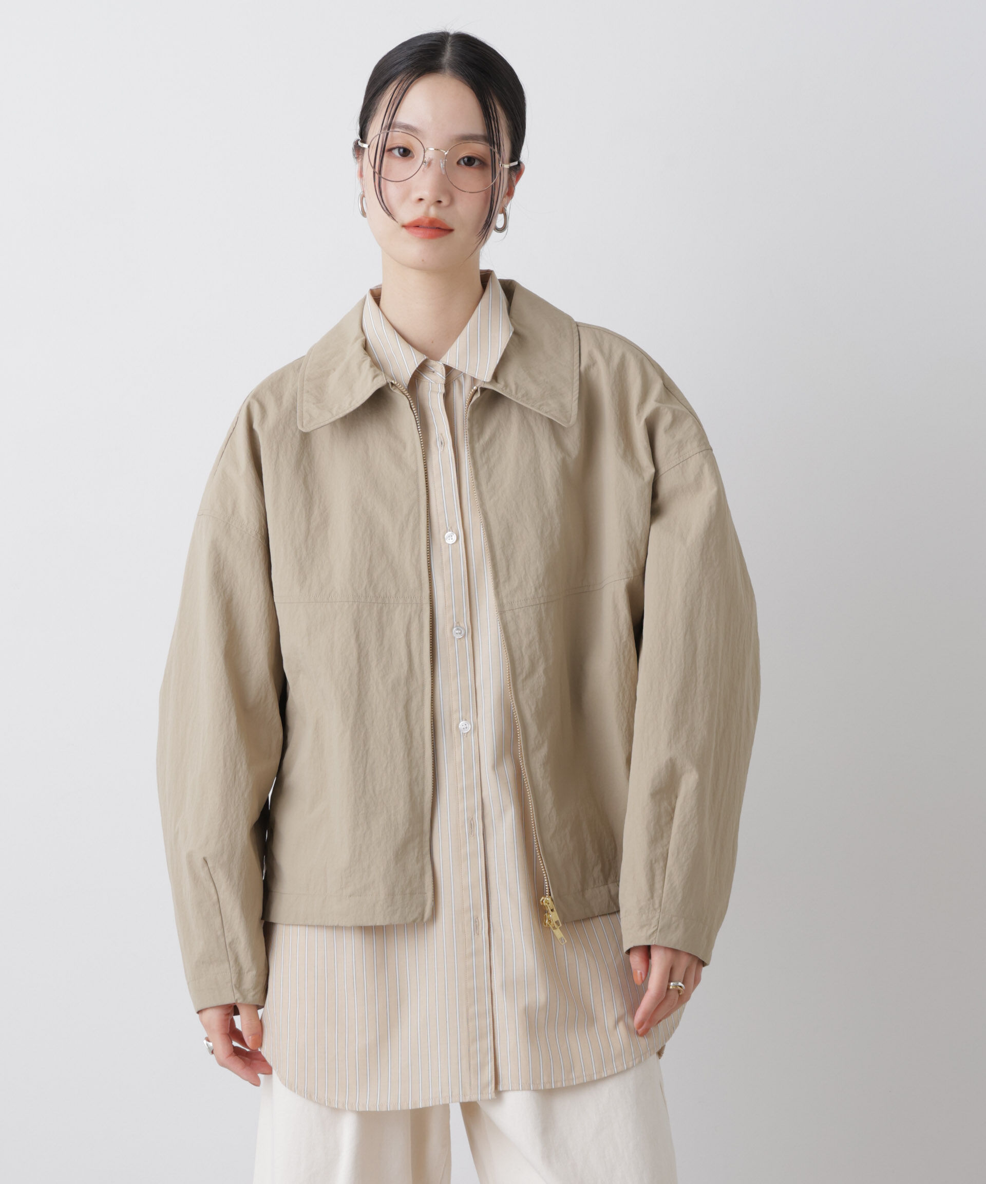 nano･universe「撥水＆花粉ガード コクーンシルエットジップブルゾン」|ブルゾン・スタジャン|ベージュ