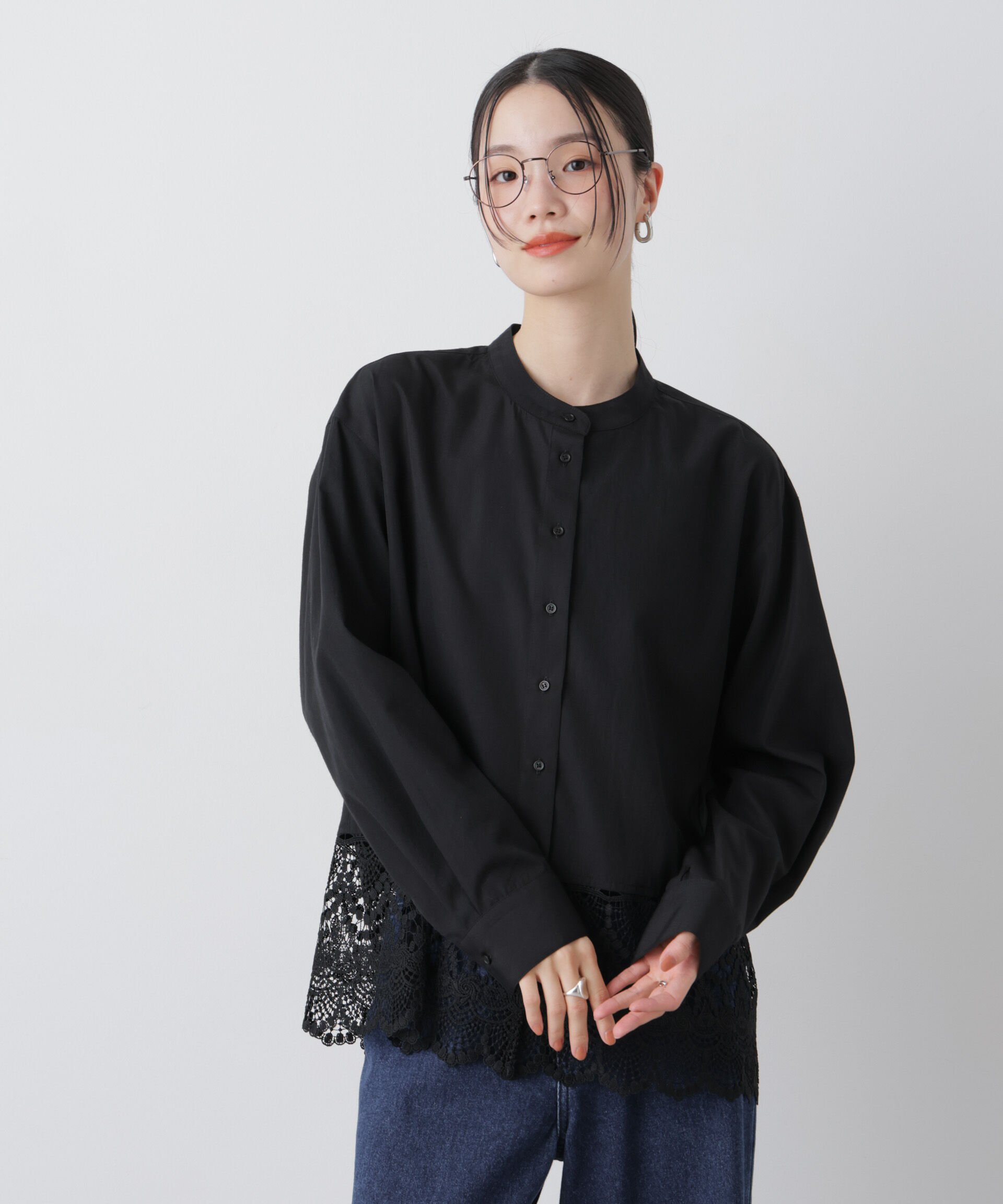 nano･universe「スカラレースコンビスタンドカラーシャツ」|シャツ・ブラウス|