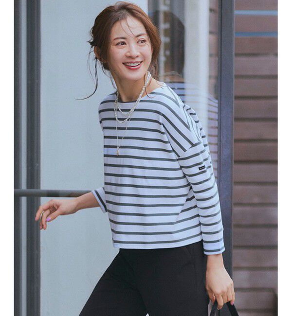 23区「【洗える】Armor-lux スムース クロップド  ボーダー カットソー」|Tシャツ・カットソー|オフ&times;オリーブ