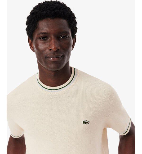 LACOSTE「ドライタッチ 配色ラインハイゲージ半袖ニット」|ニット・セーター|