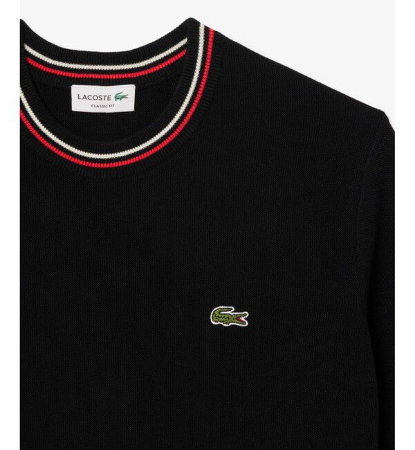 LACOSTE「ドライタッチ 配色ラインハイゲージ半袖ニット」|ニット・セーター|