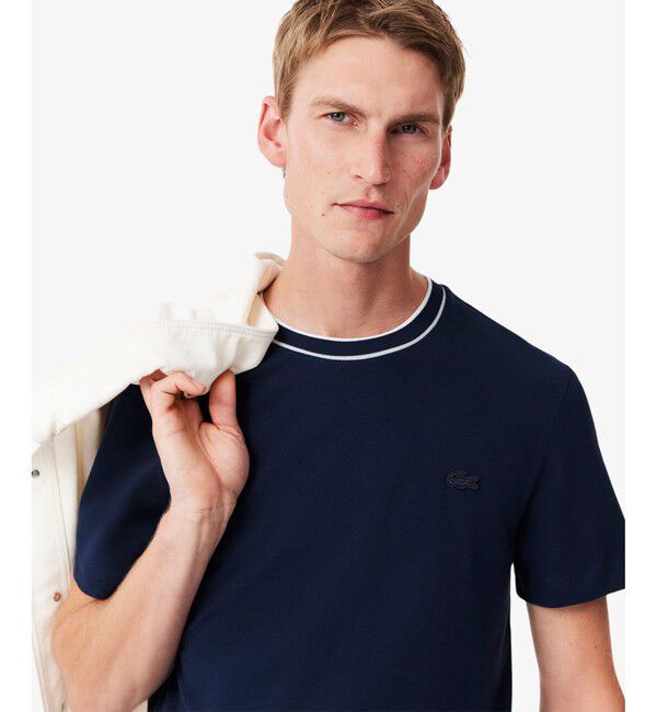 LACOSTE「配色ラインドリブネック鹿の子地 半袖Tシャツ」|Tシャツ・カットソー|