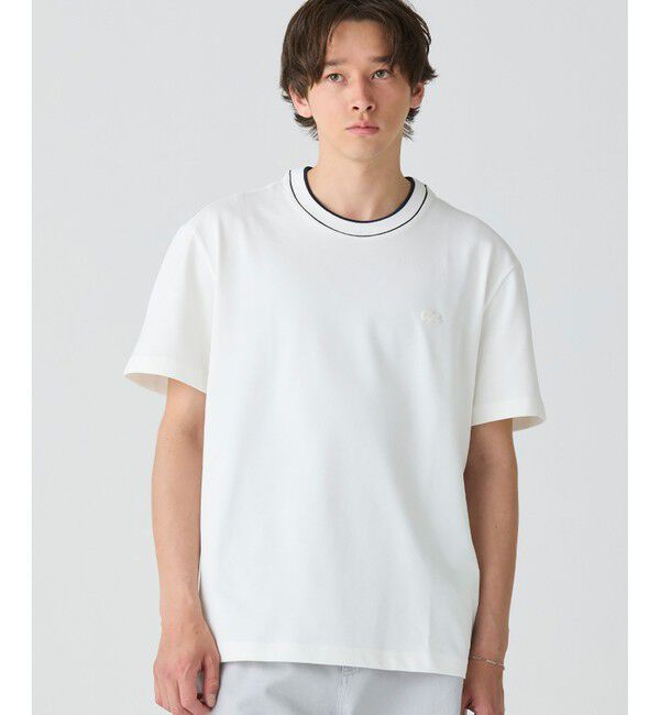 LACOSTE「配色ラインドリブネック鹿の子地 半袖Tシャツ」|Tシャツ・カットソー|ホワイト