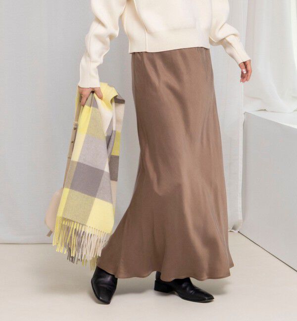 NOLLEY'S「ウォッシャブルフィブリルサテンバイヤススカート」|フレア|カーキ