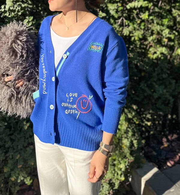 Rie Miller「《手洗い可能》ハンド刺繍Vネックカーディガン」|カーディガン|ブルー