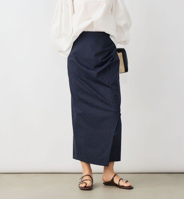 NOLLEY'S sophi「ウォッシャブルストライプドレープタイトスカート」|タイト|ネイビー系1
