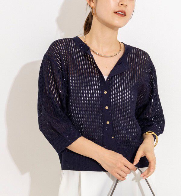 NOLLEY'S「《手洗い可能》メッシュスパンコール6分袖カーディガン」|カーディガン|ネイビー
