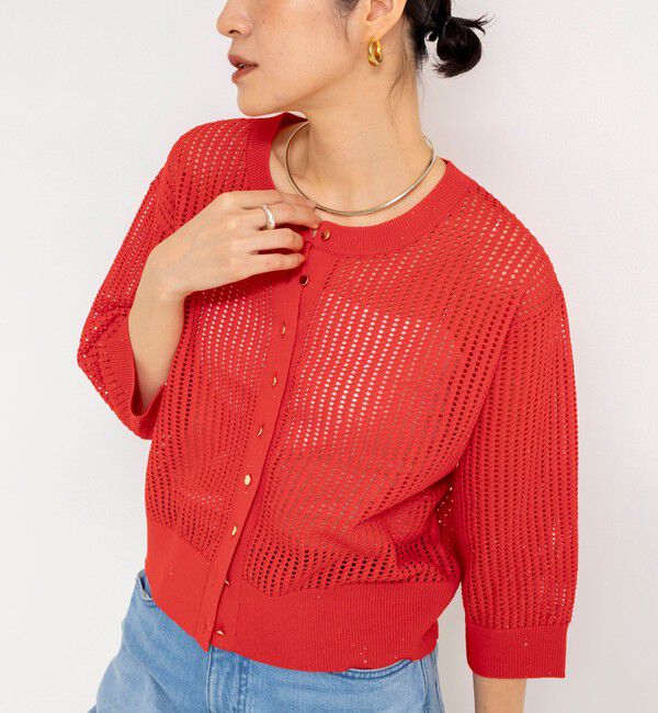 NOLLEY'S「《手洗い可能》メッシュスパンコール6分袖カーディガン」|カーディガン|レッド