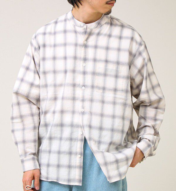 GLOSTER「【夏まで使える】テクスチャーバンドカラーチェックシャツ」|シャツ・ブラウス|ホワイト系その他
