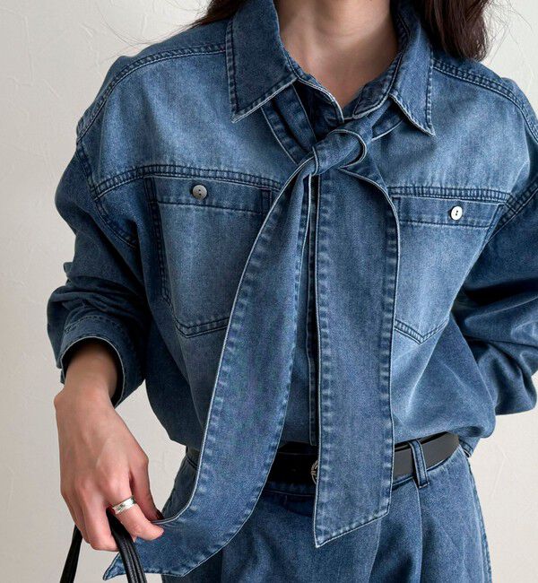 fredy emue「《セットアップ対応》デニムボウタイクロップドシャツ」|シャツ・ブラウス|ブルー