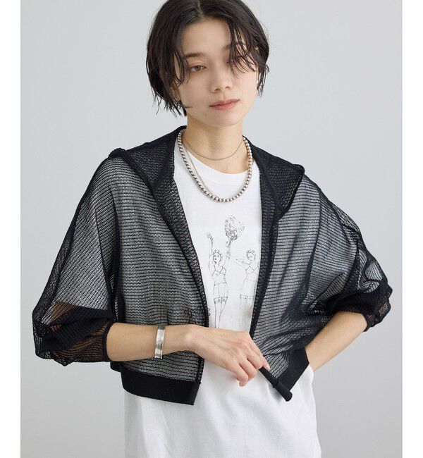 SALON adam et rope'「コットンリネンメッシュフードボレロ」|カーディガン|ブラック(01)