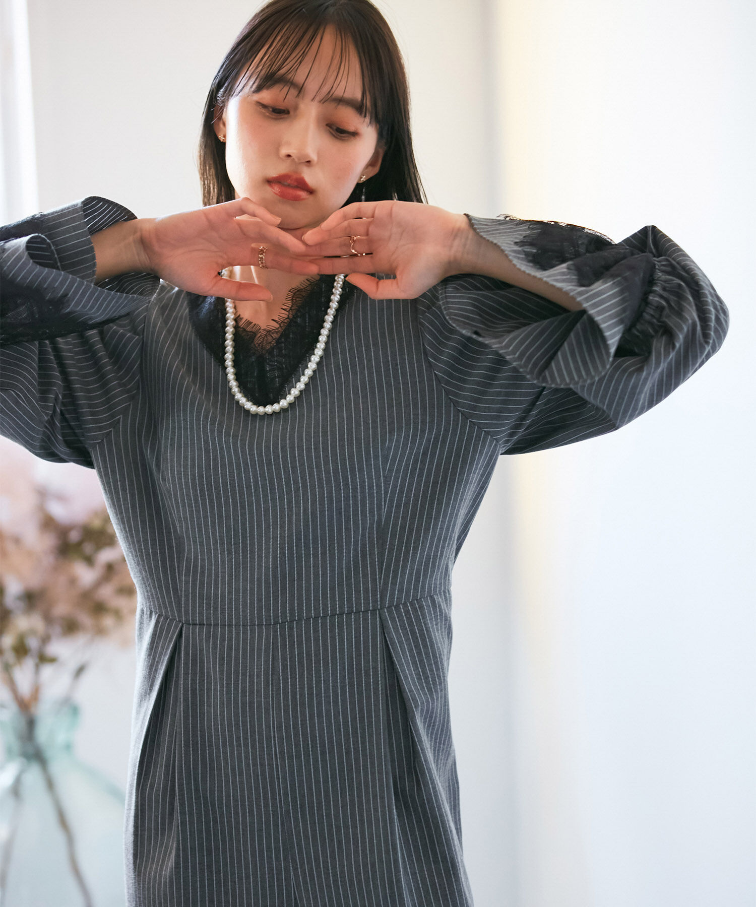 VIS「【VIS DRESS】ピンストライプレースオールインワン【洗える】」|オールインワン|