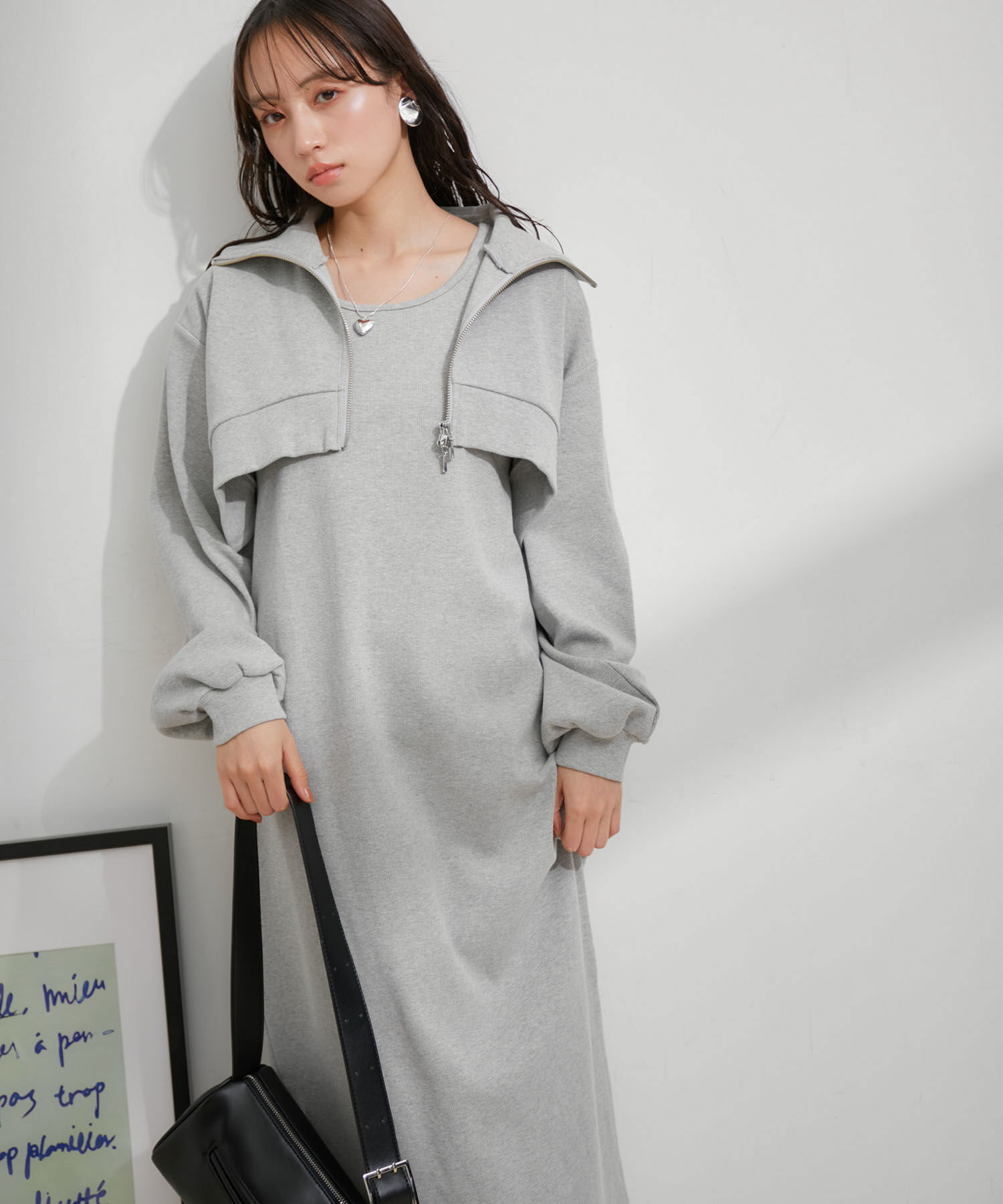 VIS「【洗える】ショートジップカーディガン/リブカットソーワンピース【SET】」|ワンピース|ライトグレー(08)