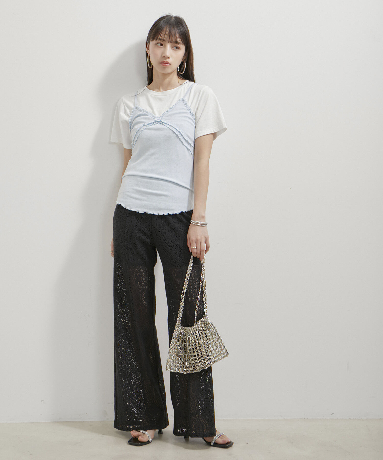 VIS「【洗える】パターンメッシュフリルキャミソール」|キャミソール|