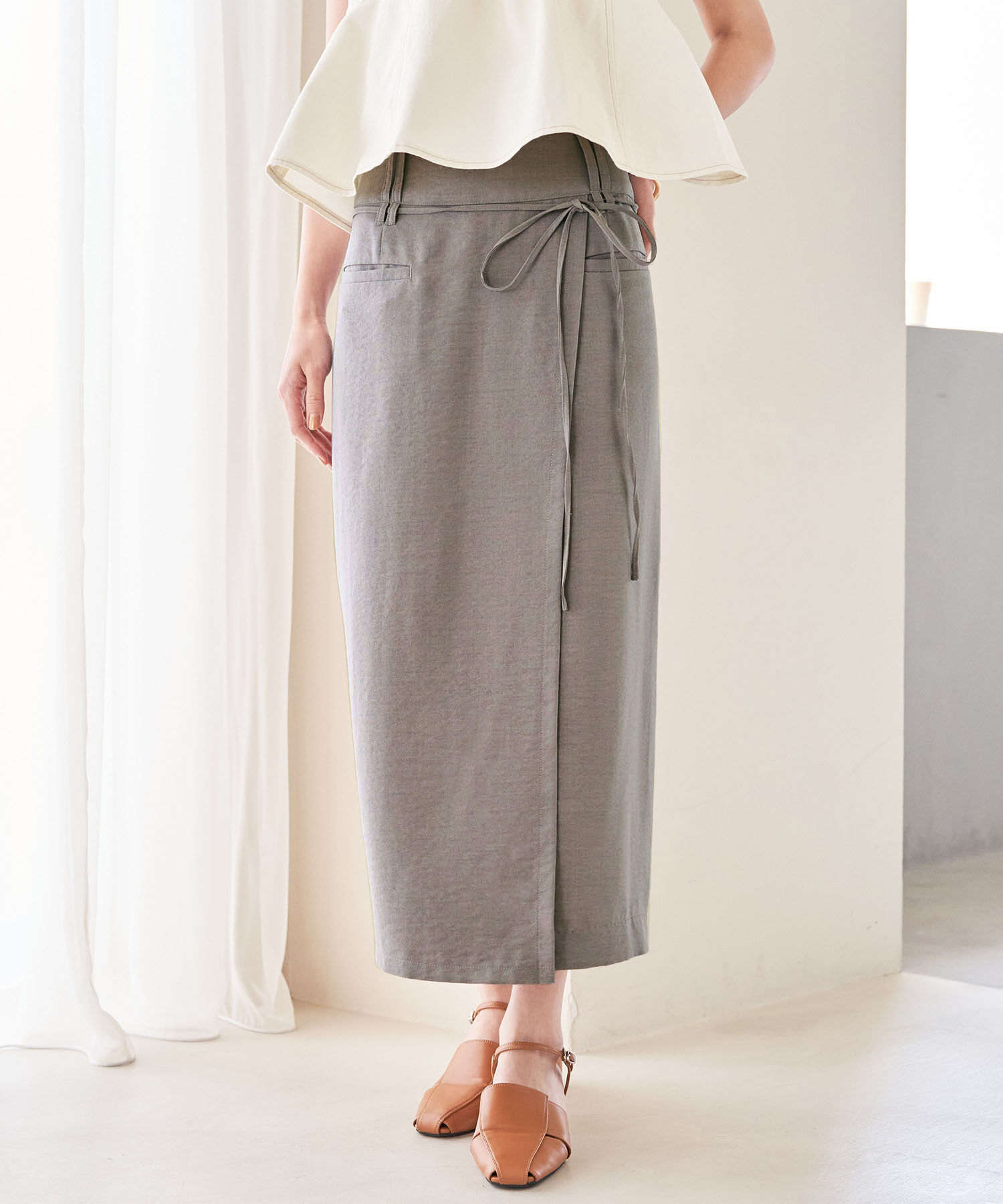 VIS「【接触冷感・洗える】美easyリネンライクベルト付き Iラインスカート」|スカート|グレー(07)