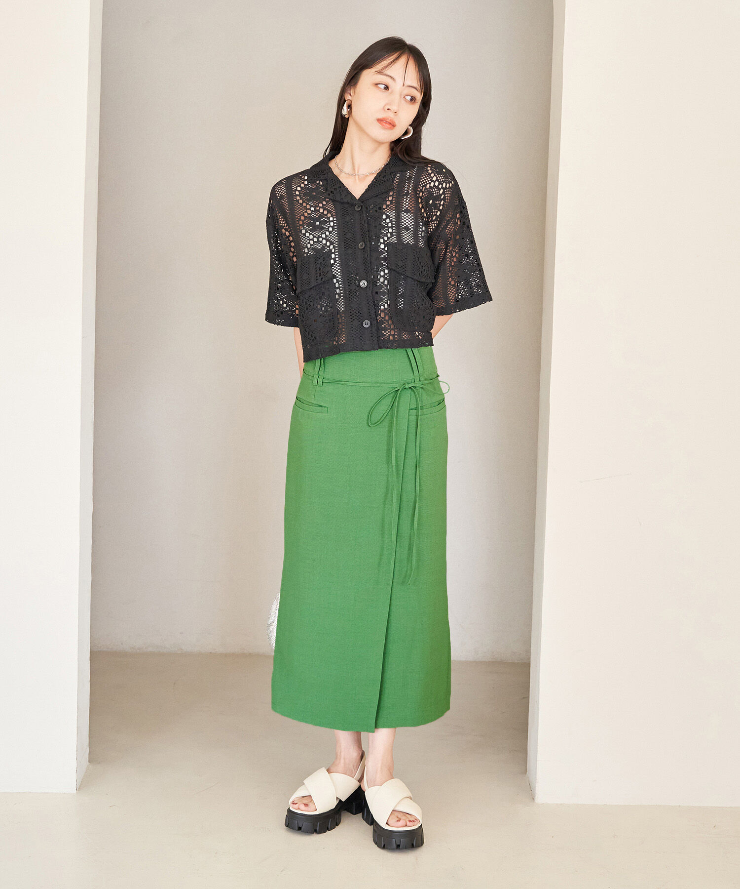 VIS「【接触冷感・洗える】美easyリネンライクベルト付き Iラインスカート」|スカート|