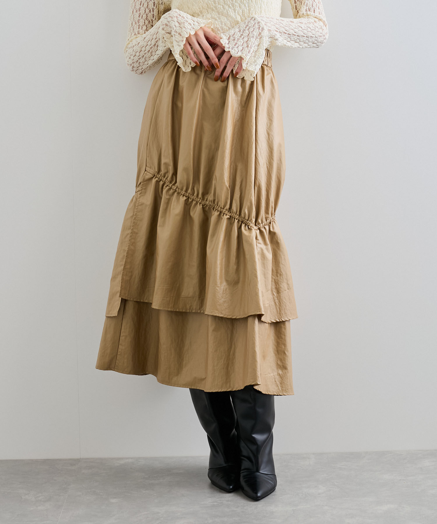 VIS「チンツ加工ギャザーロングスカート」|スカート|ベージュ(27)