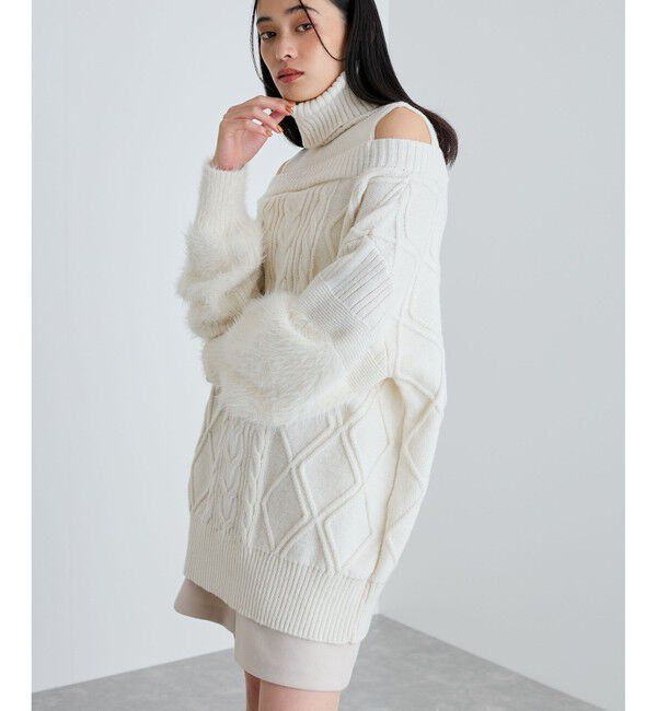 VIS「【洗える】オフショルケーブル編みミニワンピース」|ワンピース|