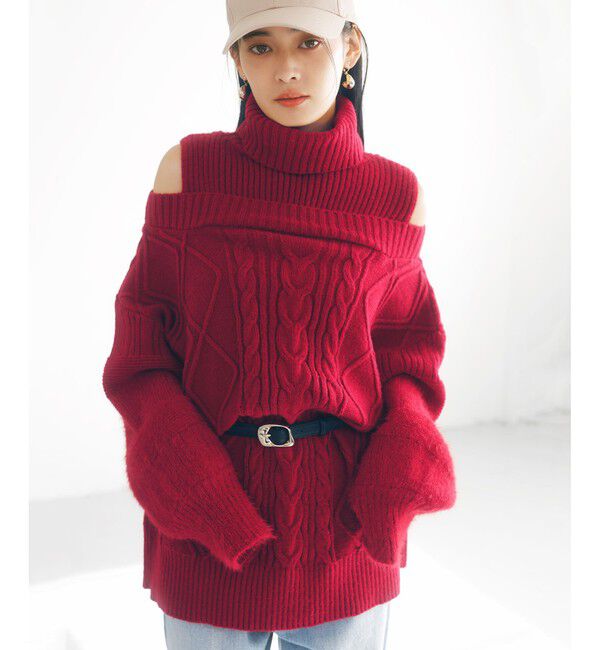 VIS「【洗える】オフショルケーブル編みミニワンピース」|ワンピース|