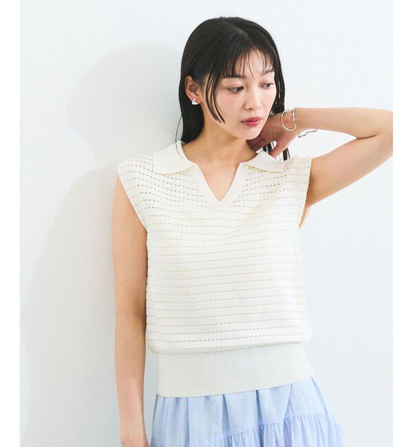 VIS「スキッパーフレンチスリーブアイレットニット」|ニット・セーター|ホワイト系(11)
