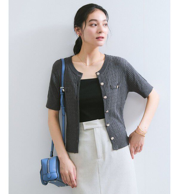 VIS「【WEB限定】エンブレム金釦5分袖ケーブルカーディガン」|カーディガン|