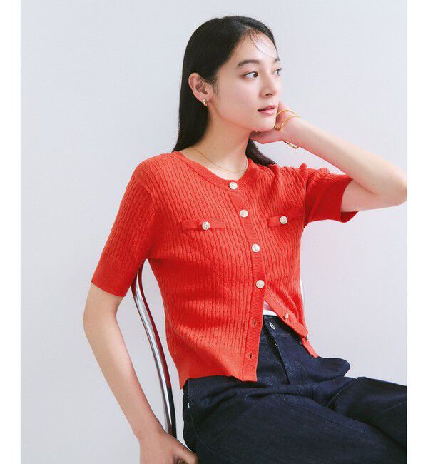 VIS「【WEB限定】エンブレム金釦5分袖ケーブルカーディガン」|カーディガン|