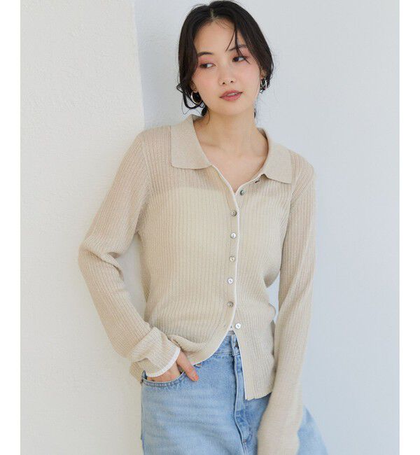 VIS「ポロ襟配色シアーリブカーディガン/イージーケア」|カーディガン|
