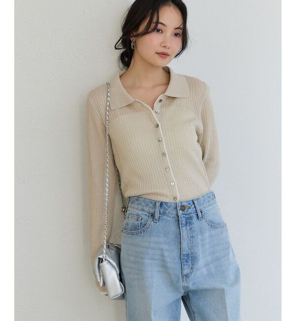 VIS「ポロ襟配色シアーリブカーディガン/イージーケア」|カーディガン|